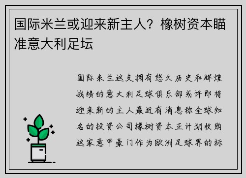国际米兰或迎来新主人？橡树资本瞄准意大利足坛