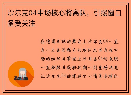 沙尔克04中场核心将离队，引援窗口备受关注