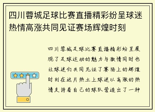 四川蓉城足球比赛直播精彩纷呈球迷热情高涨共同见证赛场辉煌时刻
