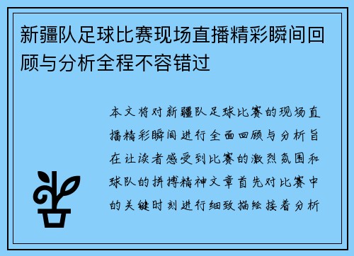 新疆队足球比赛现场直播精彩瞬间回顾与分析全程不容错过